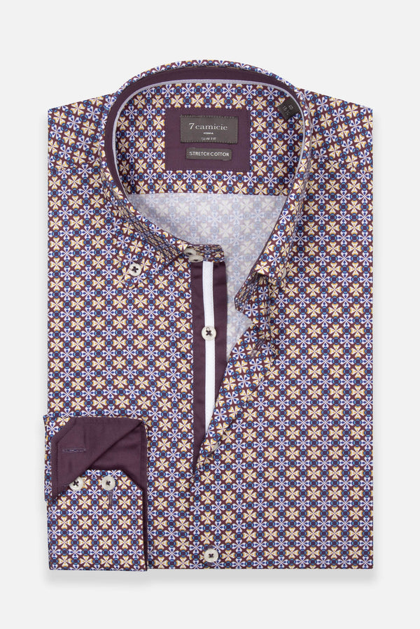 Camicia Uomo Roma Iconic Popelin Stretch Viola Bianco