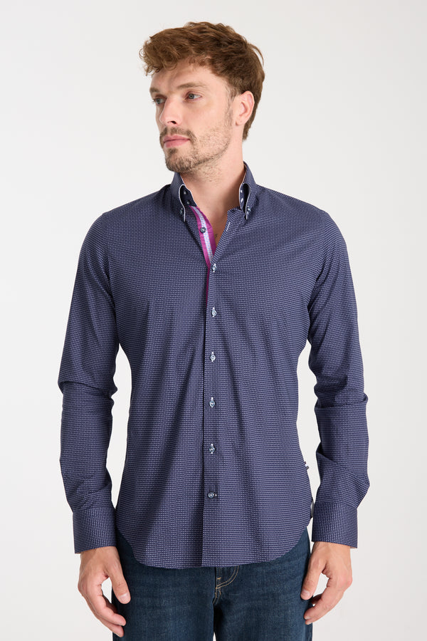 Camisa Hombre Roma Iconic Popelin Stretch Azul Blanco