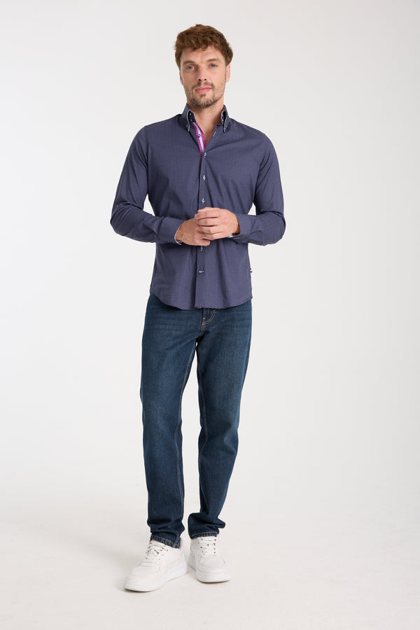 Camisa Hombre Roma Iconic Popelin Stretch Azul Blanco