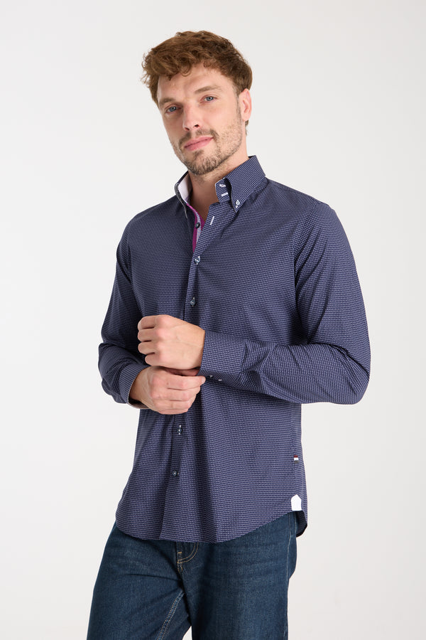 Camisa Hombre Roma Iconic Popelin Stretch Azul Blanco