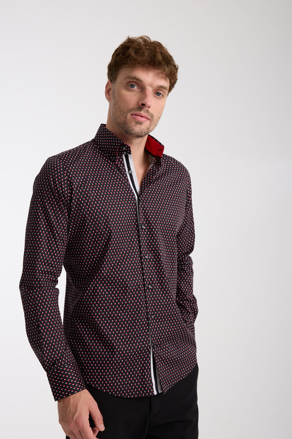 Camisa Hombre Roma Iconic Popelin Stretch Negro Rojo