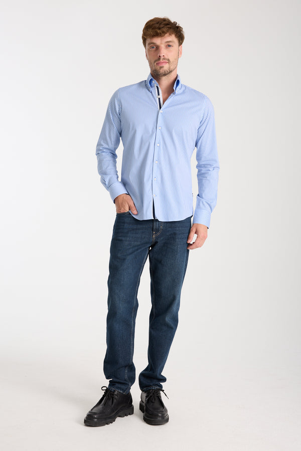 Camisa Hombre Roma Iconic Popelin Stretch Blanco Azul
