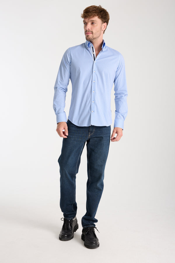 Camisa Hombre Roma Iconic Popelin Stretch Blanco Azul