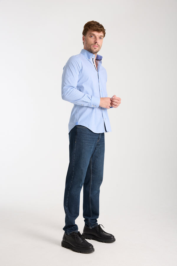 Camisa Hombre Roma Iconic Popelin Stretch Blanco Azul