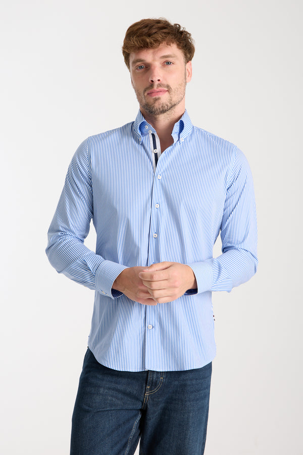 Camisa Hombre Roma Iconic Popelin Stretch Blanco Azul