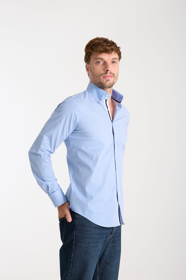 Camisa Hombre Roma Iconic Popelin Stretch Blanco Azul