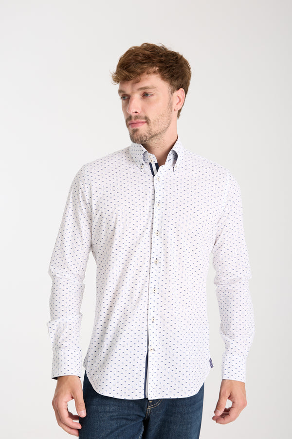 Camisa Hombre Roma Iconic Popelin Stretch Blanco Azul