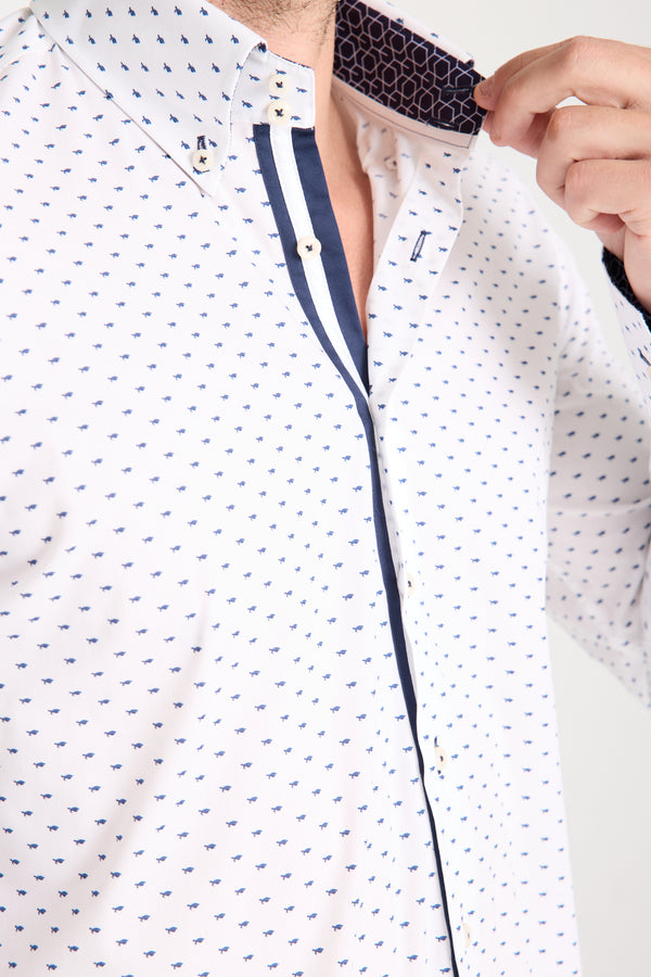 Camisa Hombre Roma Iconic Popelin Stretch Blanco Azul