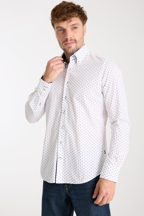 Camisa Hombre Roma Iconic Popelin Stretch Blanco Azul