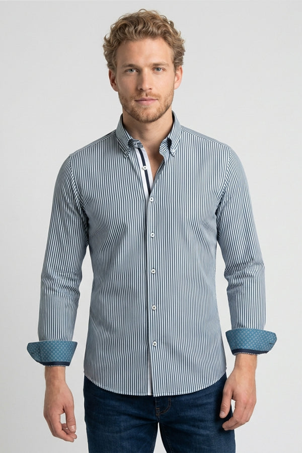 Camisa Hombre Roma Iconic Popelin Stretch Blanco Verde