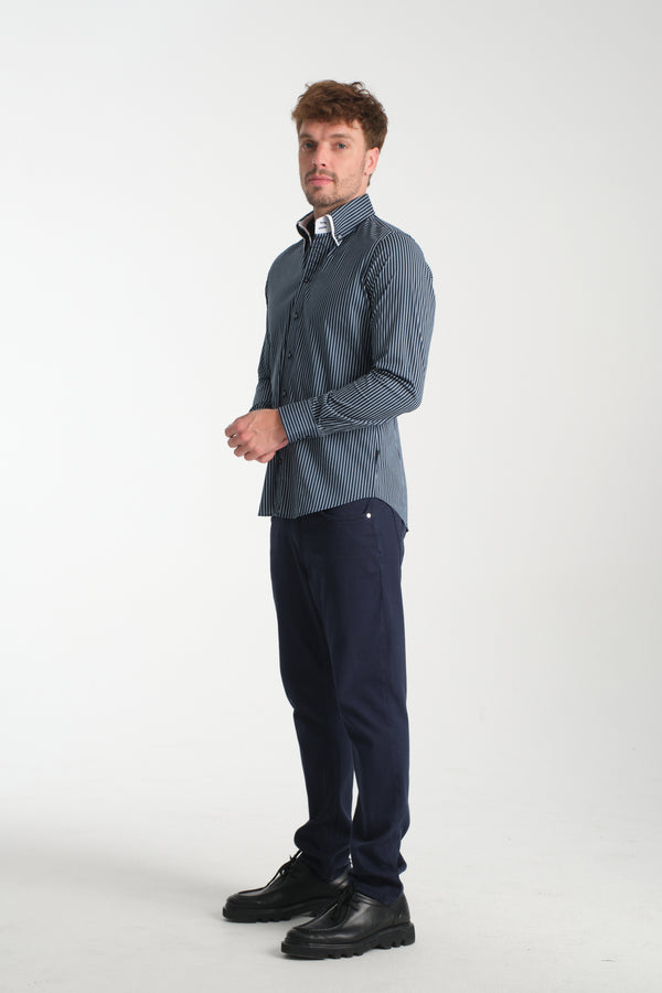 Camisa Hombre Marco Polo Iconic Popelin Stretch Azul Blanco