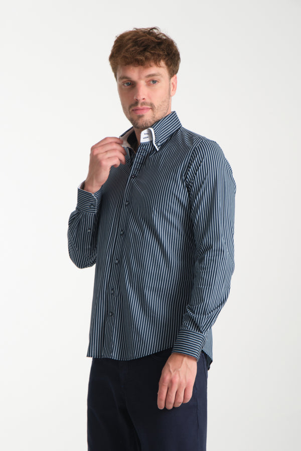 Camisa Hombre Marco Polo Iconic Popelin Stretch Azul Blanco