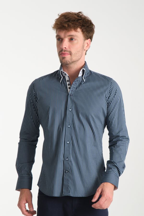 Camisa Hombre Marco Polo Iconic Popelin Stretch Azul Blanco