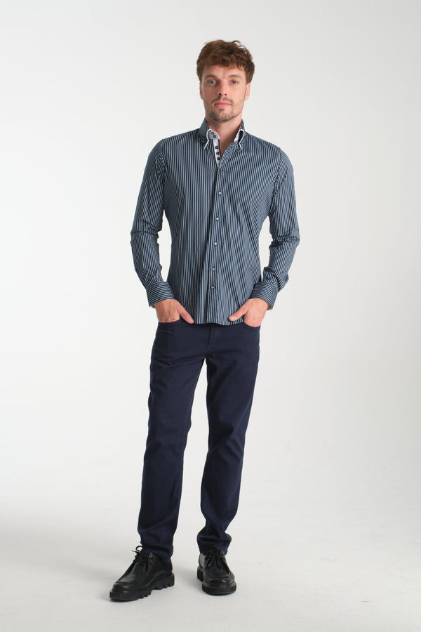 Camisa Hombre Marco Polo Iconic Popelin Stretch Azul Blanco