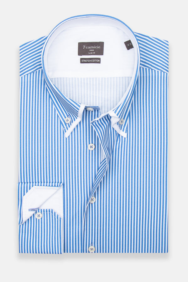 Camicia Uomo Sport Popelin Stretch Bianco Blu