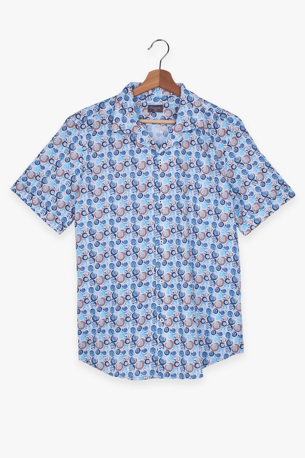 Hawaii Sport Linen Man Shirt Short Sleeve Beige Blue