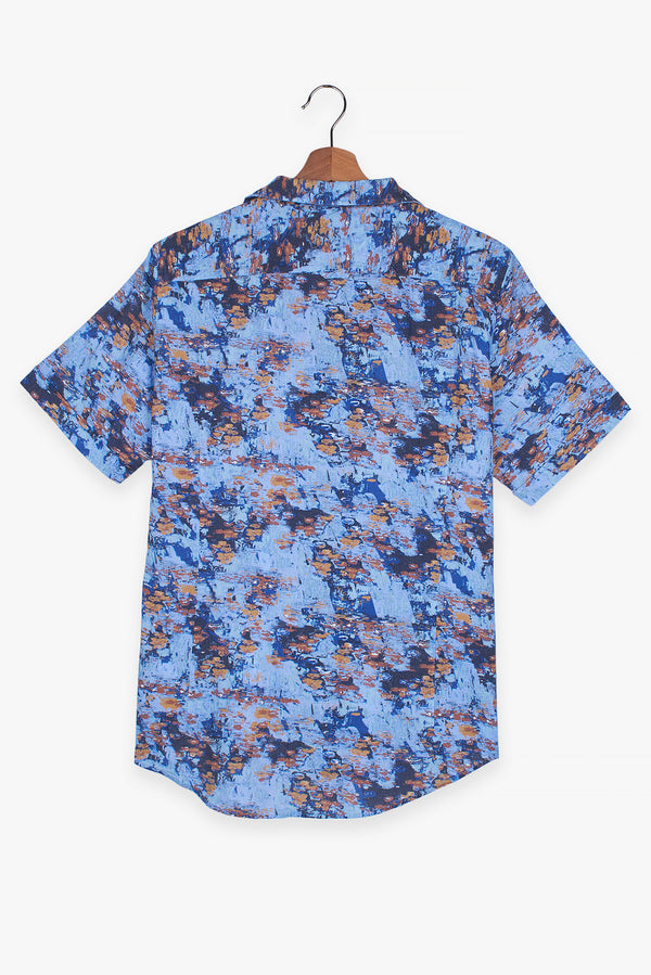 Camicia Uomo Manica Corta Hawaii Sport Lino Blu Celeste