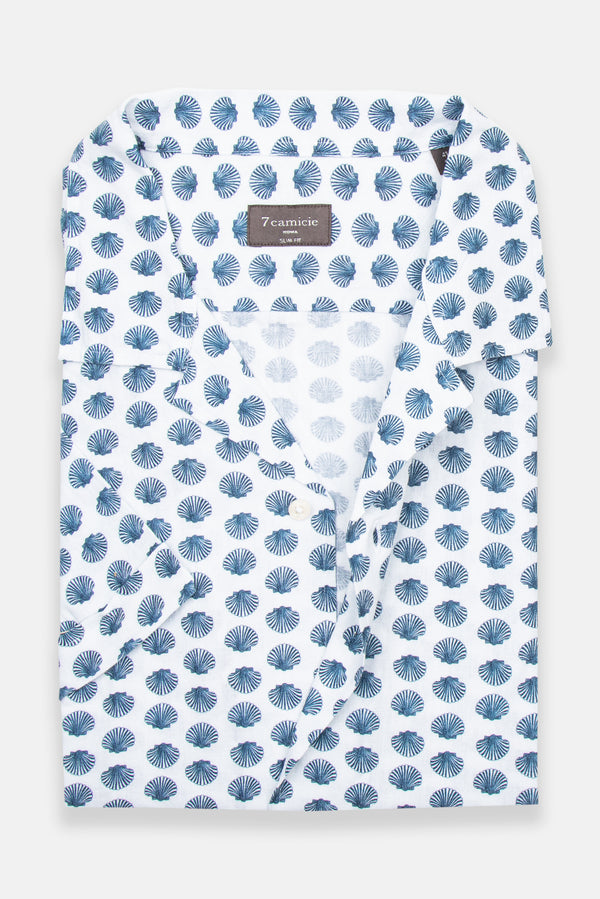 Camisa Hombre Manga corta Hawaii Sport Lino Blanco Azul
