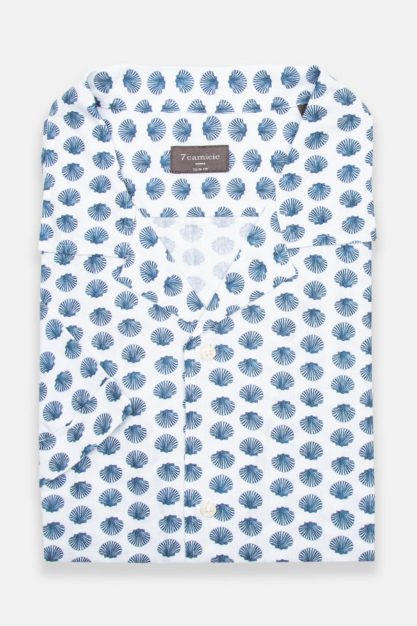Camisa Hombre Manga corta Hawaii Sport Lino Blanco Azul