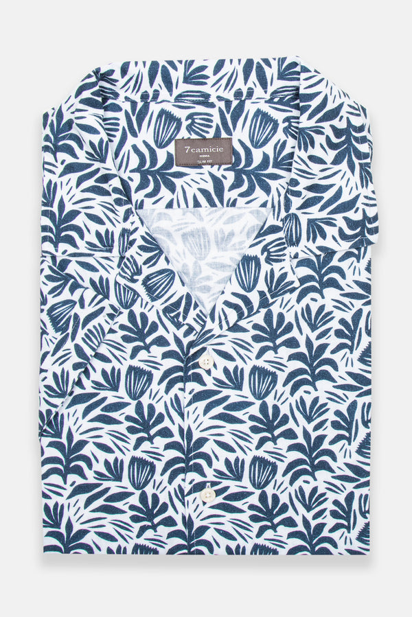 Camicia Uomo Manica Corta Hawaii Sport Lino Bianco Blu