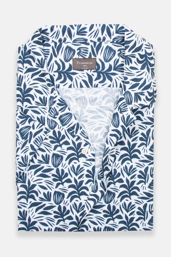 Camicia Uomo Manica Corta Hawaii Sport Lino Bianco Blu