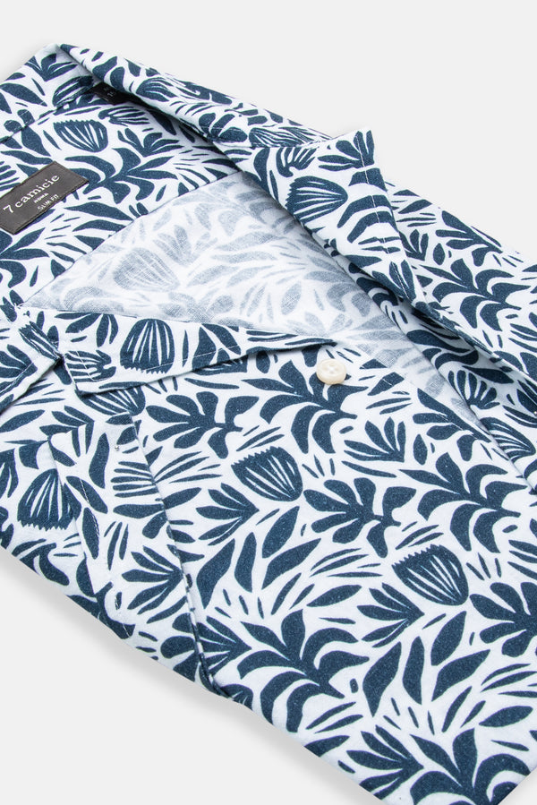 Camicia Uomo Manica Corta Hawaii Sport Lino Bianco Blu