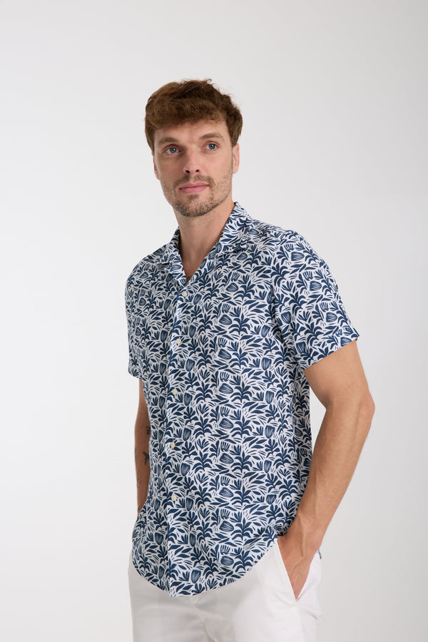 Chemise Homme Manche Courte Hawaii Sport Lin Blanc Bleu