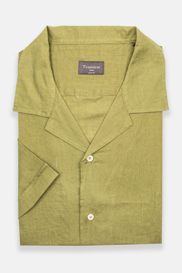 Camicia Uomo Manica Corta Hawaii Sport Lino Verde
