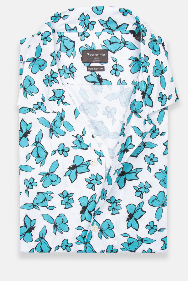Camisa Hombre Manga corta Hawaii Sport Popelin Blanco Verde
