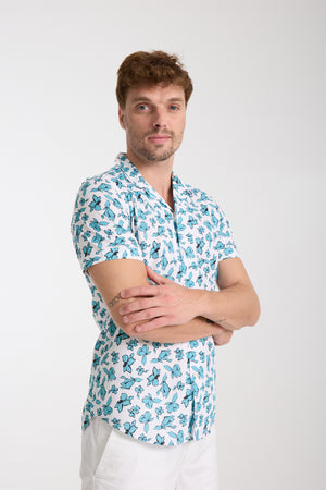 Camisa Hombre Manga corta Hawaii Sport Popelin Blanco Verde