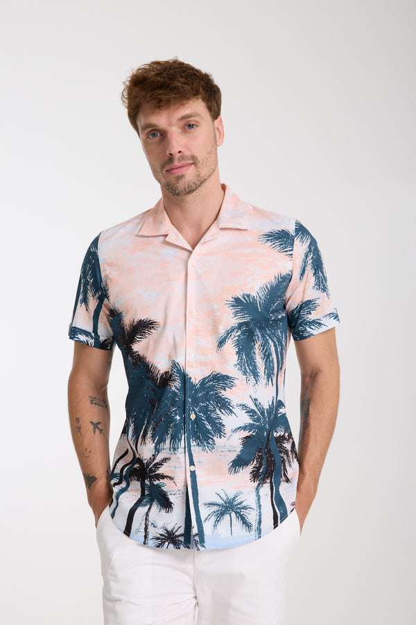 Chemise Homme Manche Courte Hawaii Sport Popelin Stretch Vert Rose