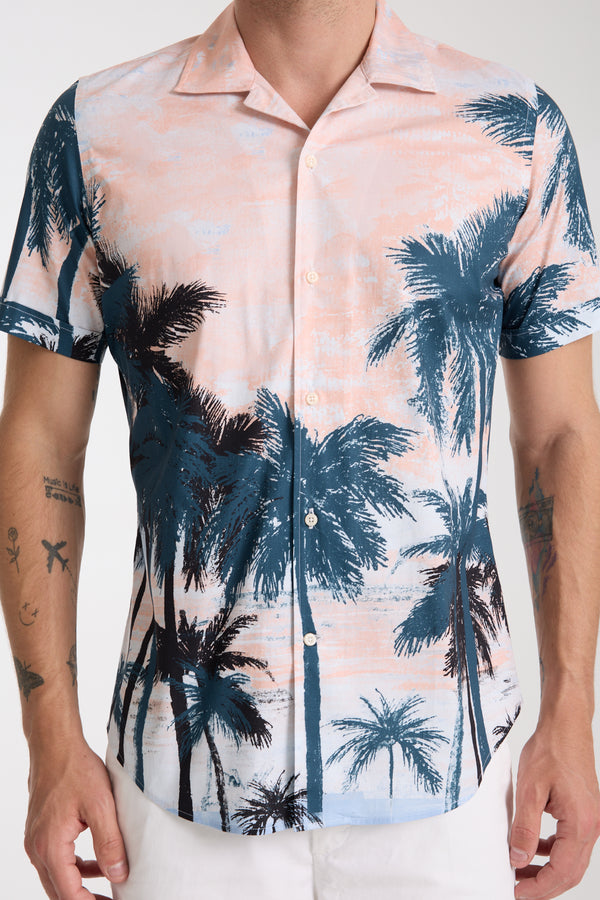 Chemise Homme Manche Courte Hawaii Sport Popelin Stretch Vert Rose