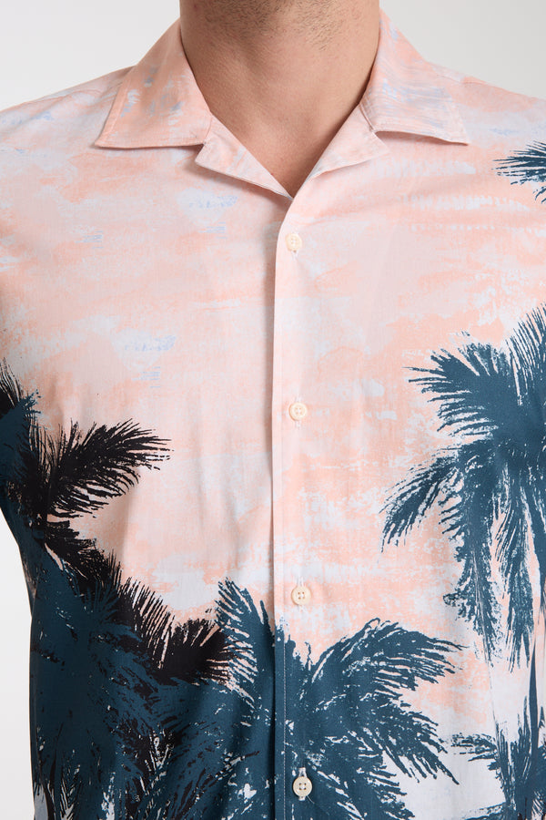 Chemise Homme Manche Courte Hawaii Sport Popelin Stretch Vert Rose