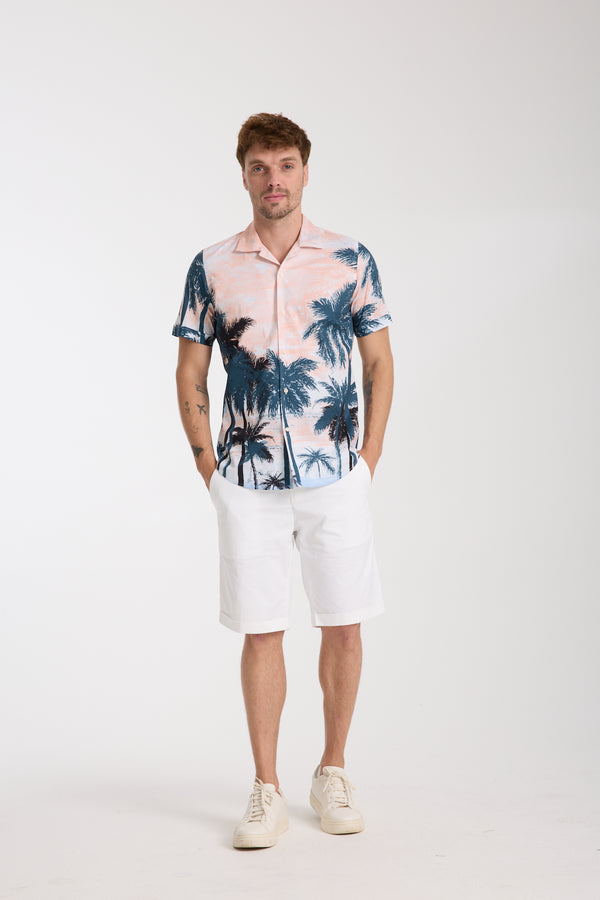 Chemise Homme Manche Courte Hawaii Sport Popelin Stretch Vert Rose