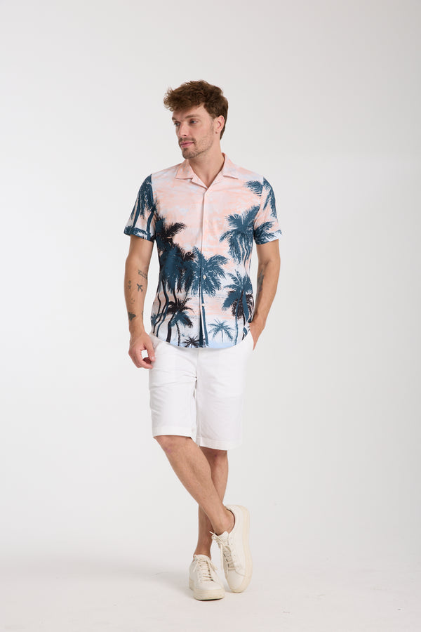 Chemise Homme Manche Courte Hawaii Sport Popelin Stretch Vert Rose