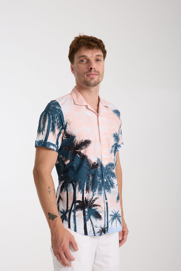 Chemise Homme Manche Courte Hawaii Sport Popelin Stretch Vert Rose