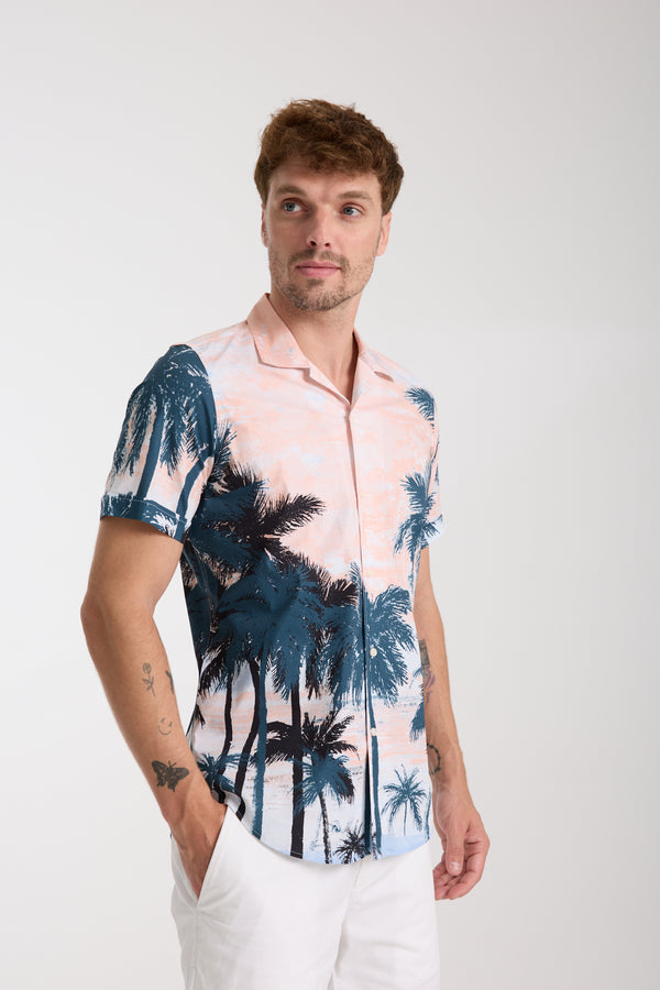 Chemise Homme Manche Courte Hawaii Sport Popelin Stretch Vert Rose