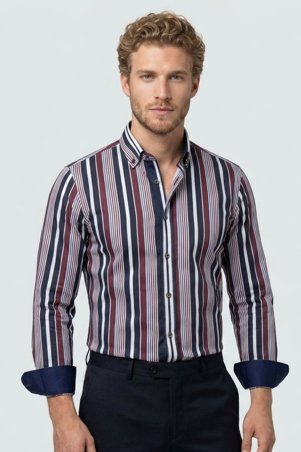 Camicia Uomo Leonardo Sport Popelin Stretch Blu Rosso