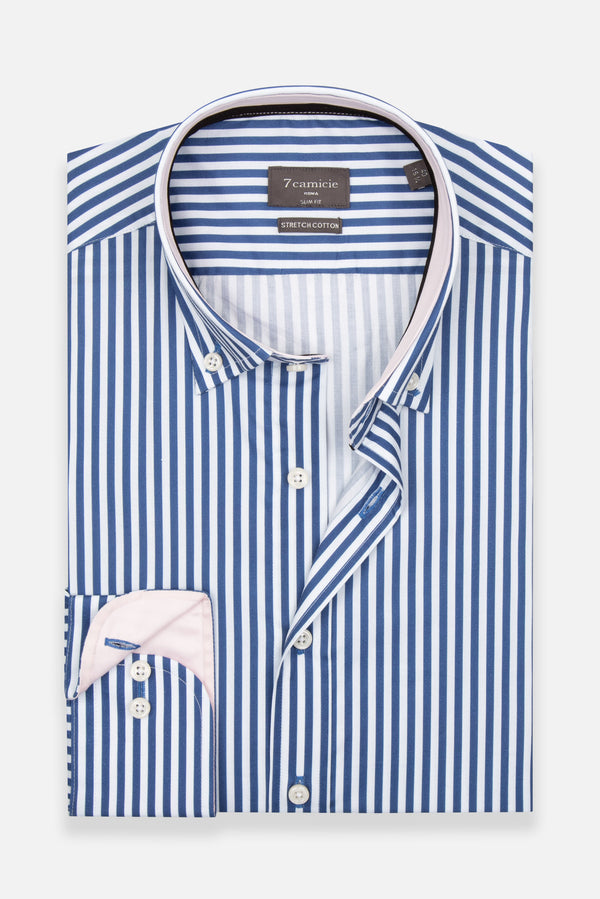 Camicia Uomo Leonardo Sport Popelin Stretch Bianco Blu