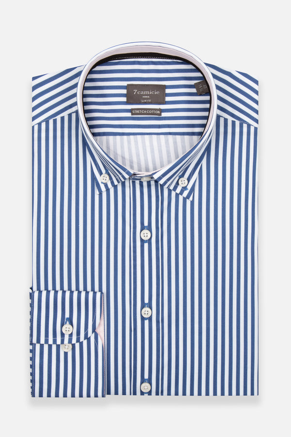 Camicia Uomo Leonardo Sport Popelin Stretch Bianco Blu