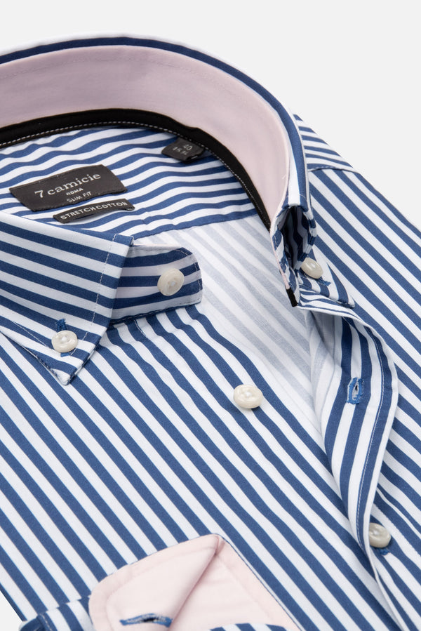 Camicia Uomo Leonardo Sport Popelin Stretch Bianco Blu