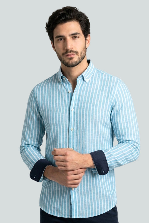 Leonardo Sport Herren Hemd Leinen Hellblau Weiss