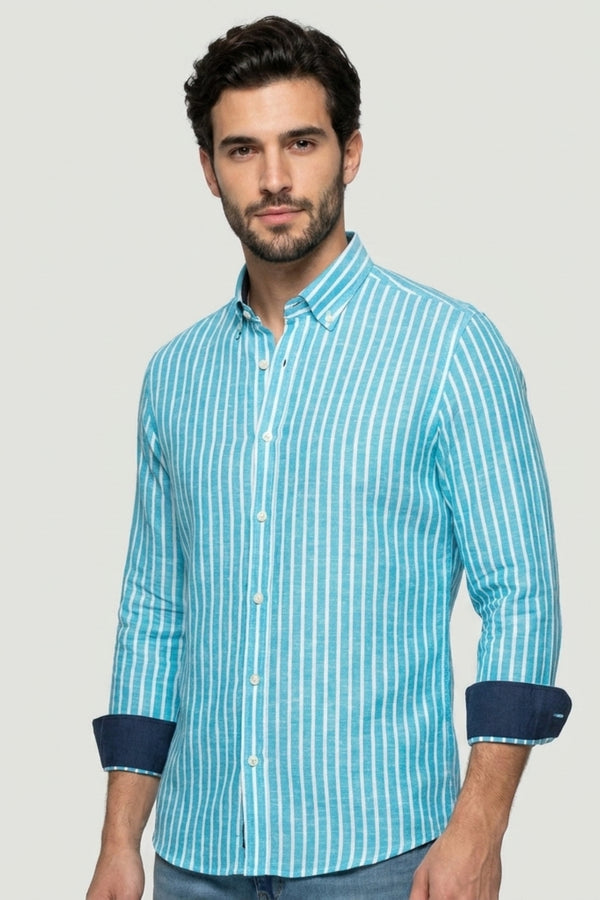 Leonardo Linen Man Shirt Blue White
