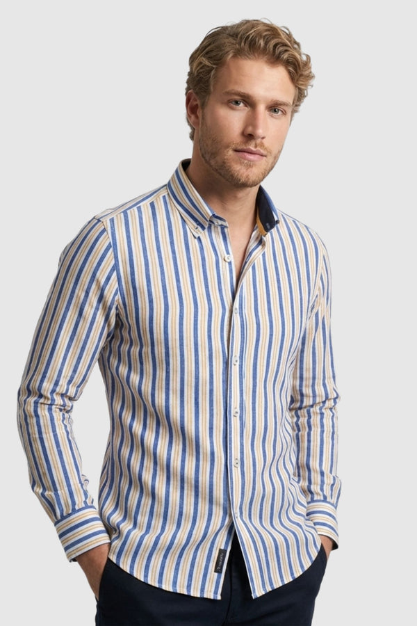 Camisa Hombre Leonardo Sport Lino Azul Amarillo