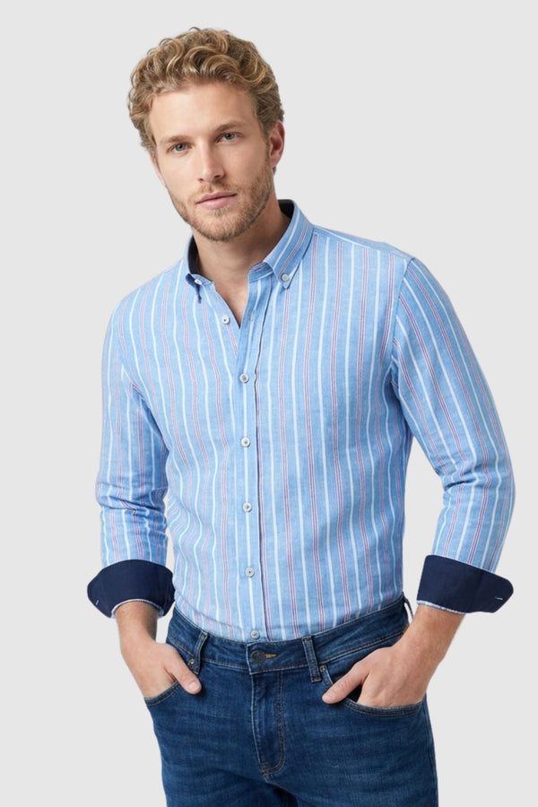 Camisa Hombre Leonardo Sport Lino Azul Blanco