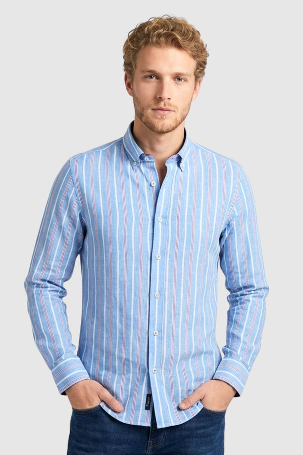 Camisa Hombre Leonardo Sport Lino Azul Blanco