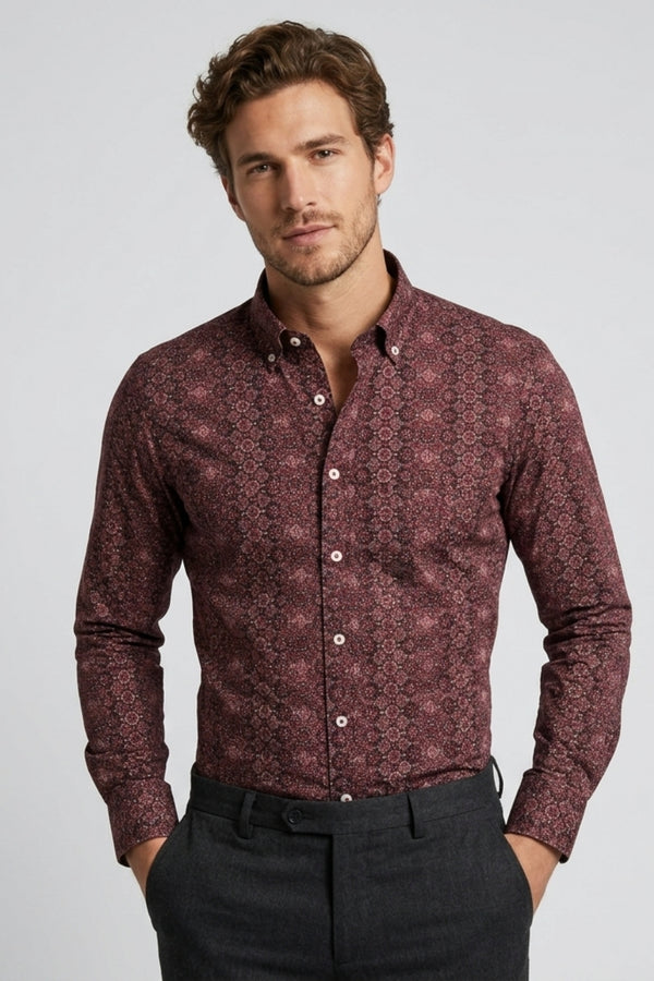 Leonardo Sport Herren Hemd Poplin Stretch Rot Grau