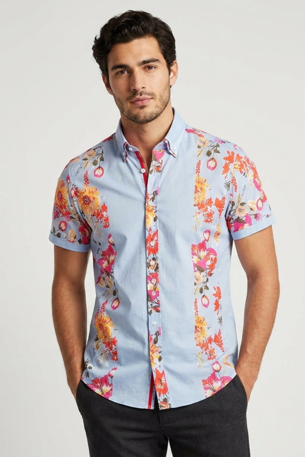 Camicia Uomo Manica Corta Sport Popelin Stretch Celeste Rosso