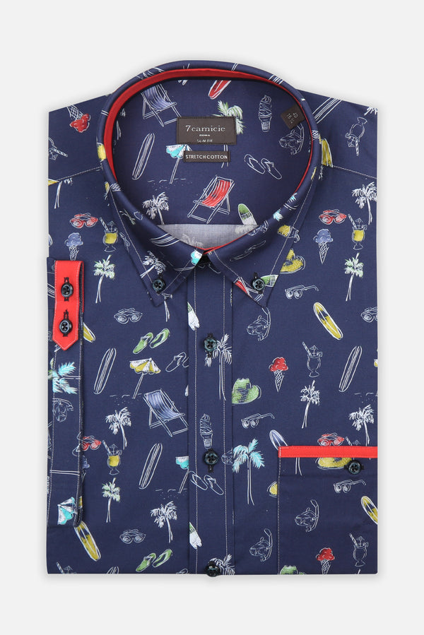 Camisa Hombre Manga corta Iconic Popelin Stretch Azul Blanco