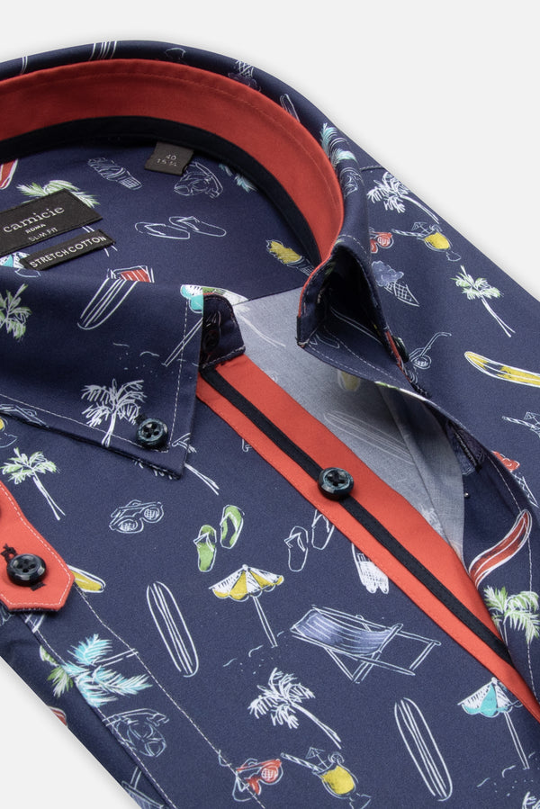 Camisa Hombre Manga corta Iconic Popelin Stretch Azul Blanco